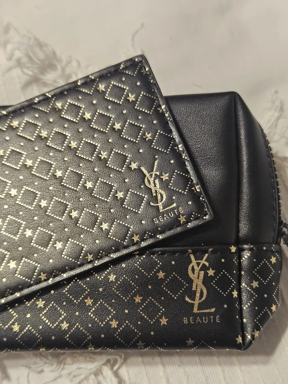 NWOT- Yves Saint Laurent Black & Gold Cosmetic Pouch and Mirror Holder Set